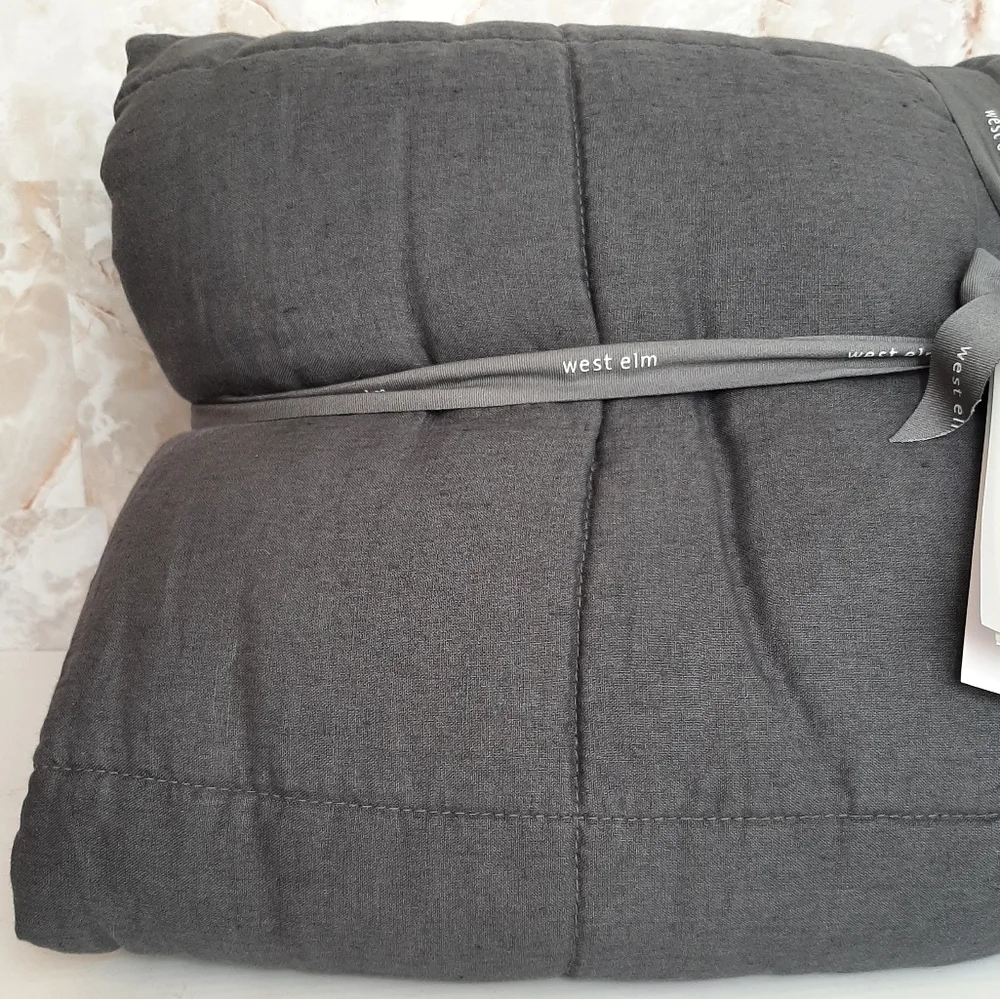 West Elm European Flax Linen Box Stitch Quilt Iron Blue